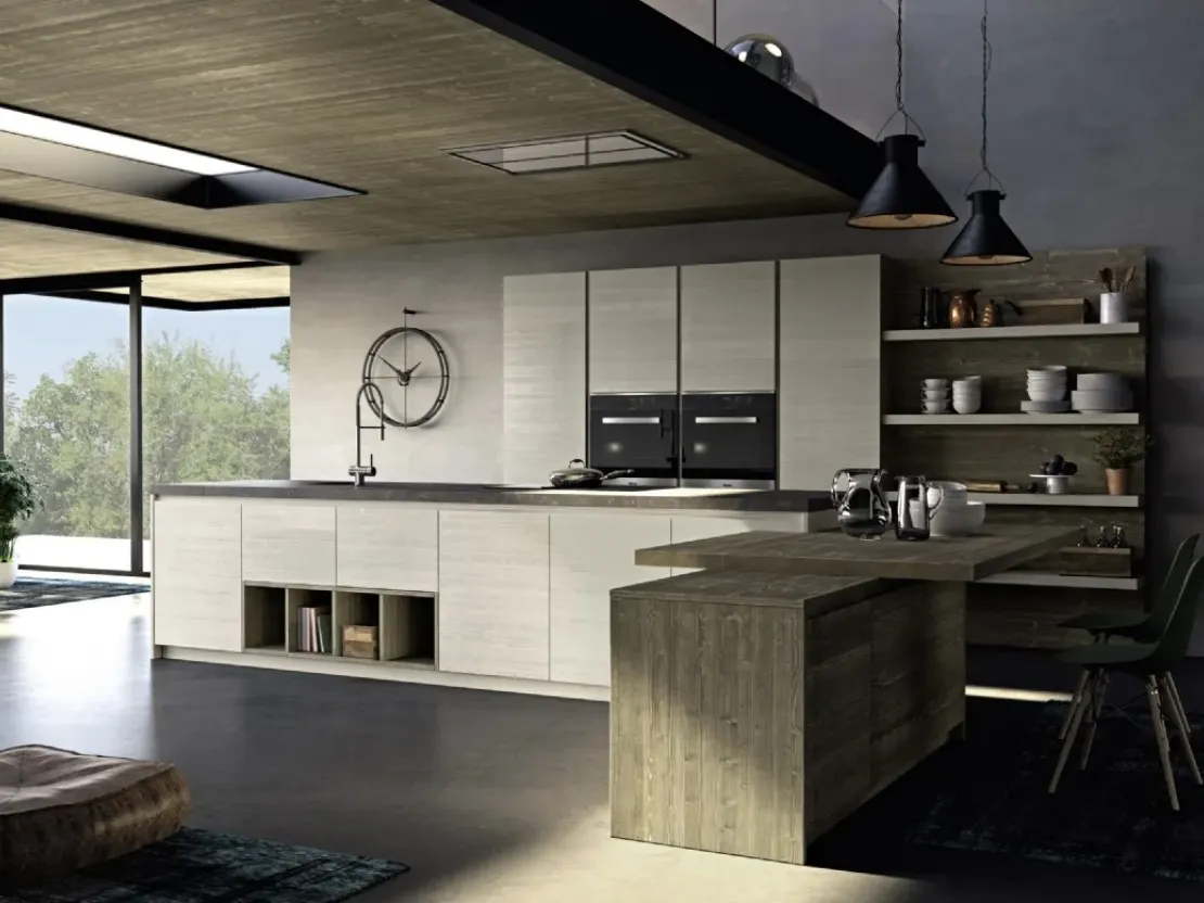 Cucina Moderna in legno di abete grigio con isola Mood 01 di Fratelli Mirandola